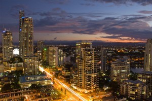 The Gold Coast skyline at sunset in Queensland, Australia.
