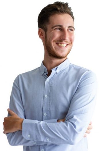 A travel agent looking happy set in duotone blue